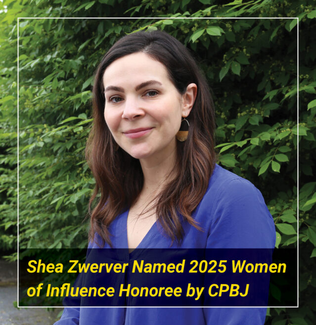 Shea Zwerver's headshot with the title "2025 Women of Influence Honoree by CPBJ" as text overlay.