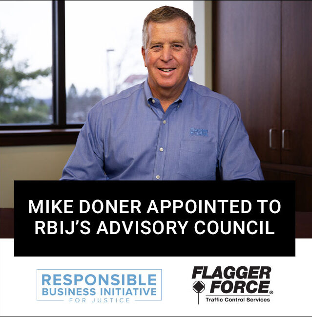 Mike Doner sitting at his desk. The Responsible Business Initiative for Justice and Flagger Force logos are included at the bottom of the image.